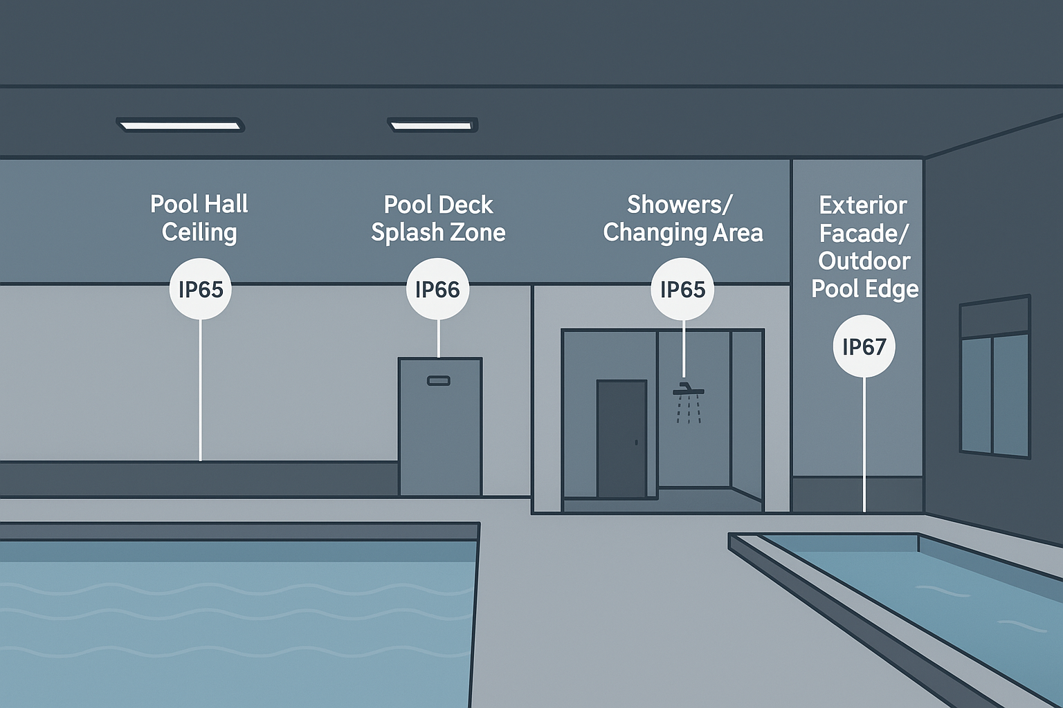 방습 수영장 조명: 구역별로 IP65/IP66/IP67 선택